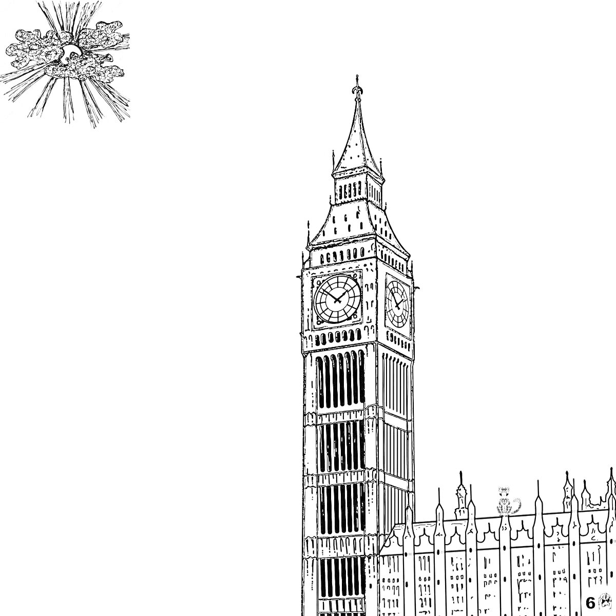 На раскраске изображено: Часы, Архитектура, Лондон, Творчество, Шпиль