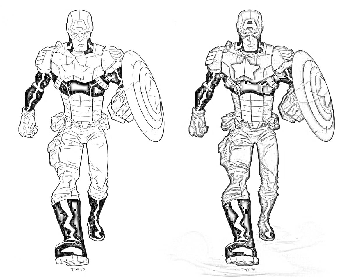 Раскраска Капитан Америка с щитом в руке в двух вариантах: черно-белая раскраска и цветное изображение