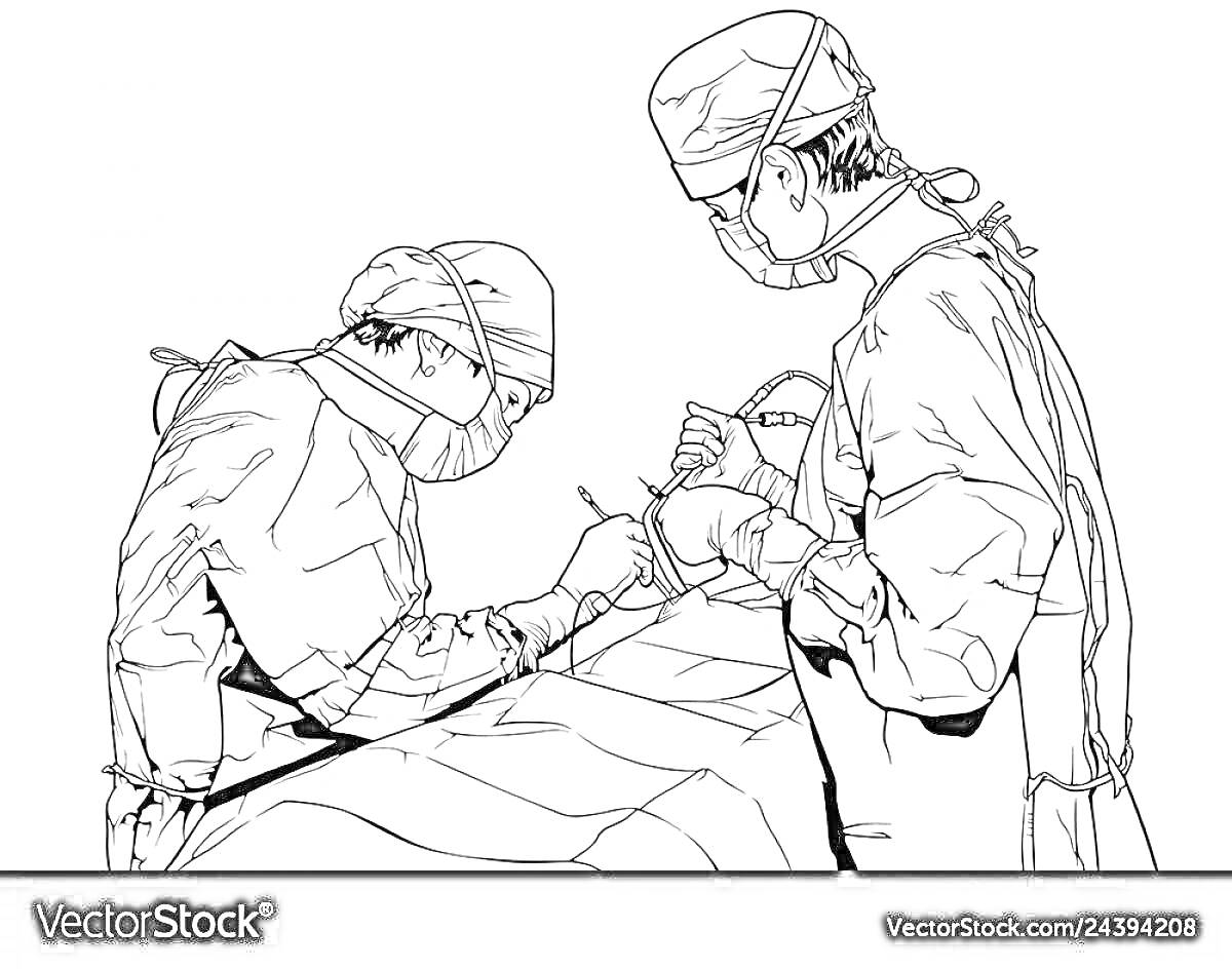 На раскраске изображено: Операция, Медицинский халат, Пациент, Операционный стол, Медицина, Больница