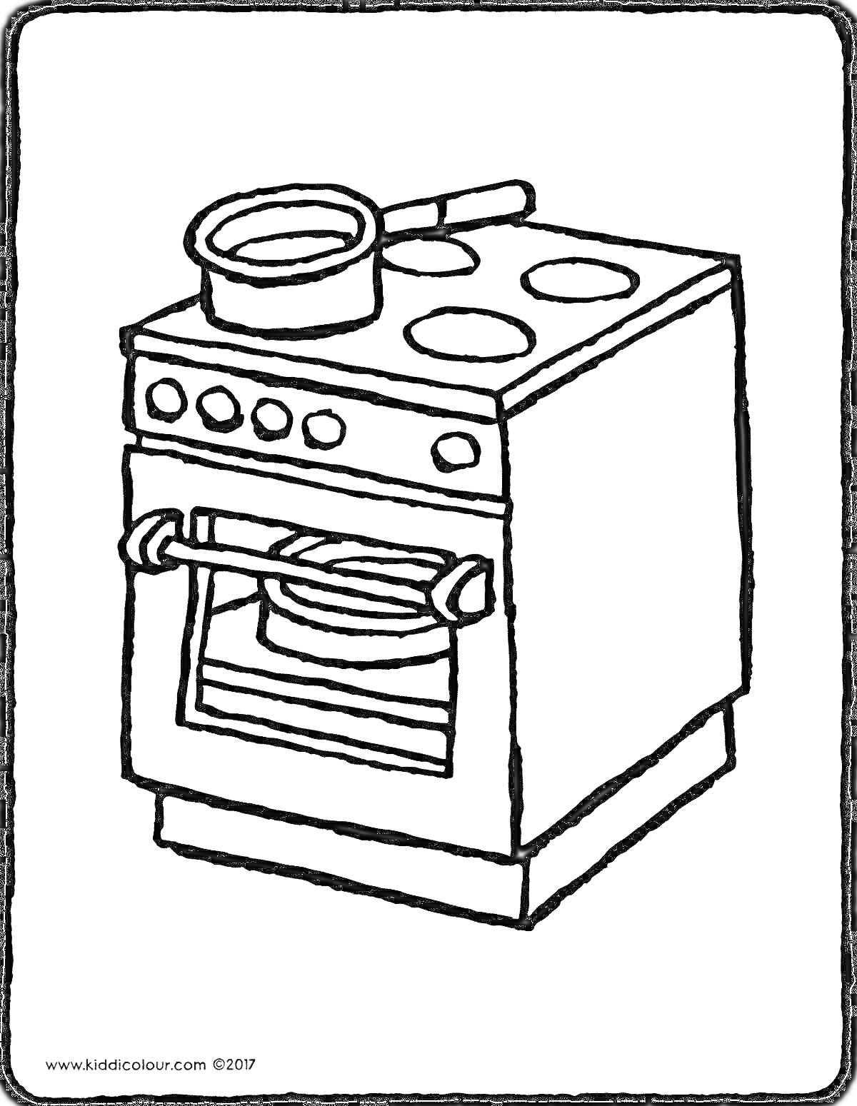 Раскраска Плита с кастрюлей на плите и противнем в духовке