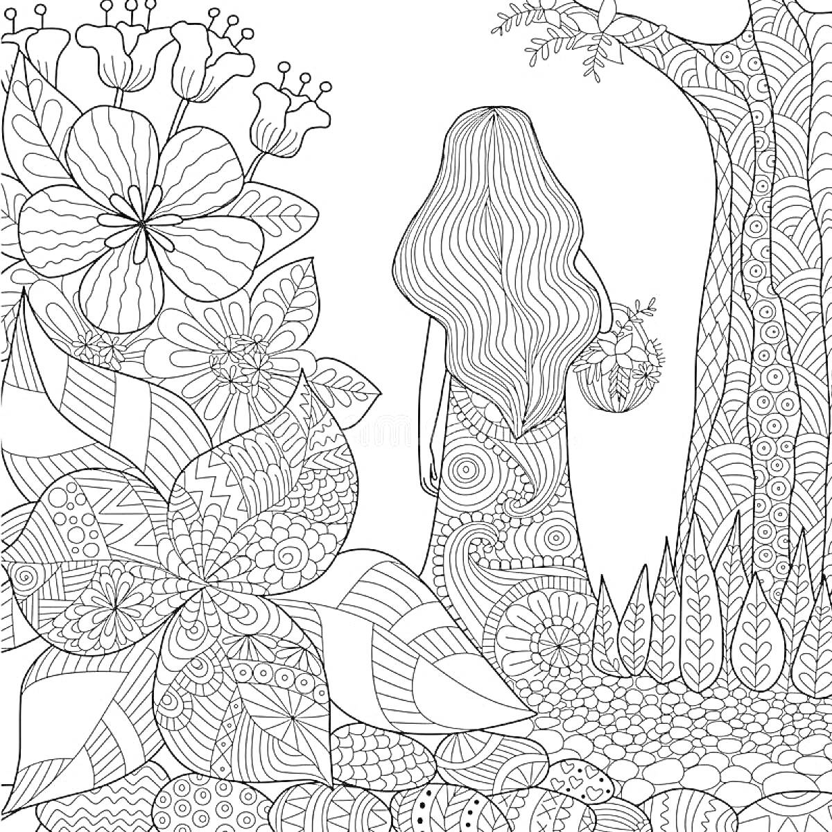 Раскраска Девочка в волшебном саду с большими цветами и деревом