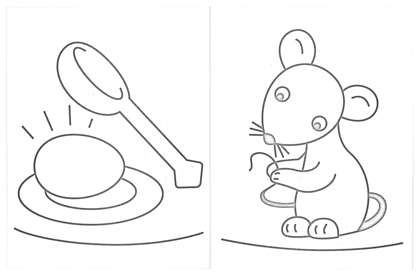 Раскраска Мышка с сыром и яйцо на тарелке с ложкой