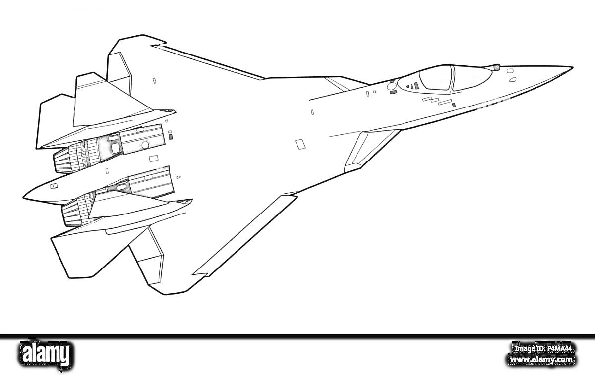 Раскраска Чертеж самолета Су-57 с видимыми элементами фюзеляжа, крыльев, двигателей и кабины пилота