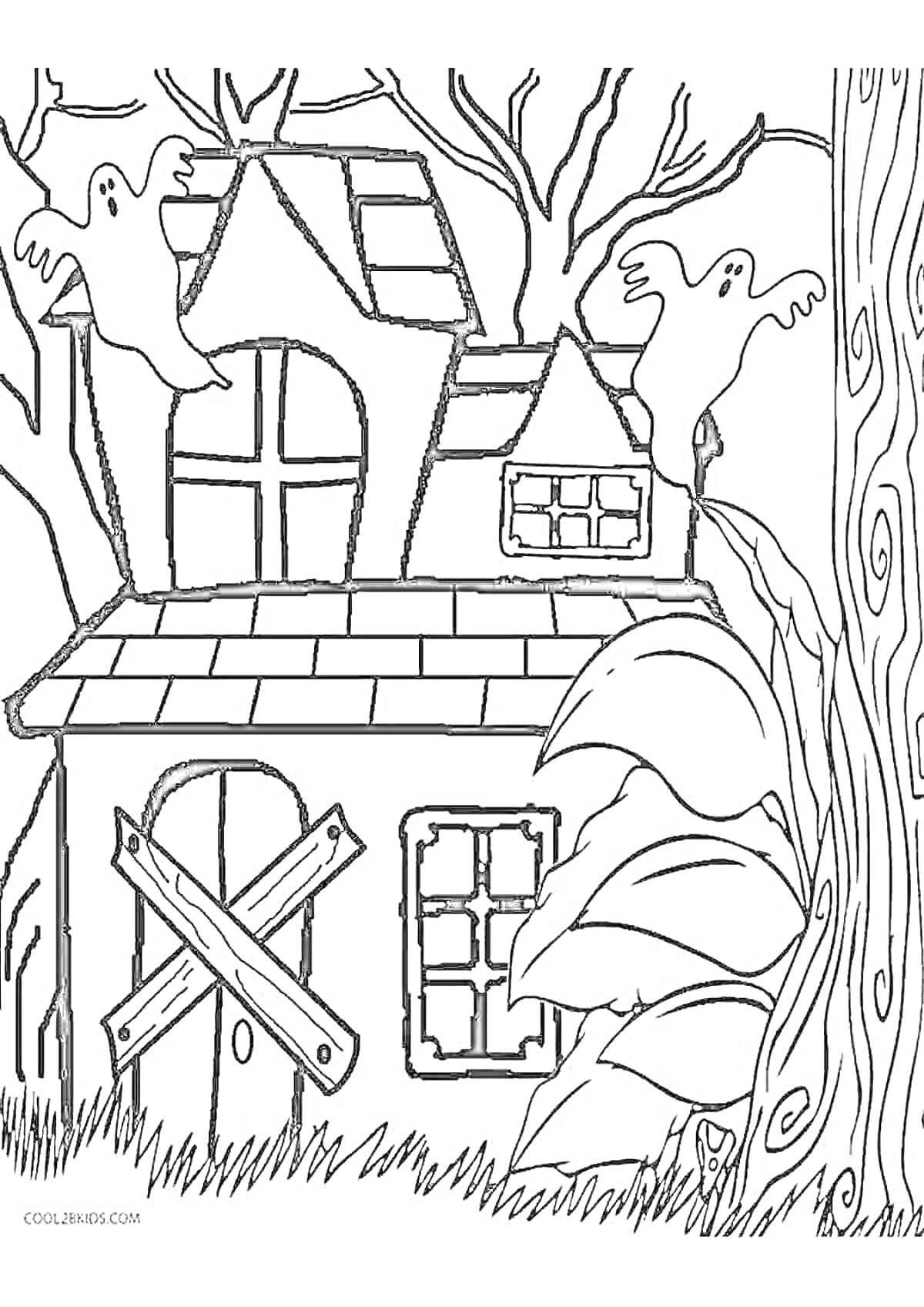 Раскраска Заброшенный дом с призраками, окнами с решетками и деревьями вокруг