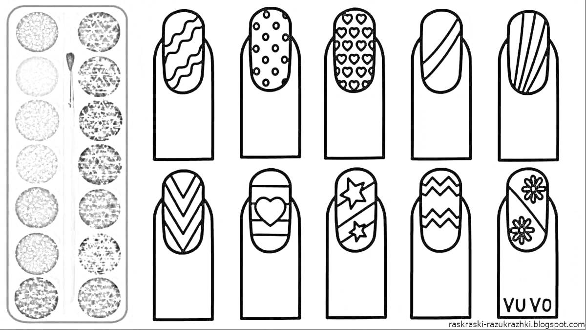 Раскраска Набор для раскрашивания маникюра: 9 вариантов узоров на ногтях (волны, точки, сердце, звезды, снежинки и зигзаги), палитра блесток и кисточка