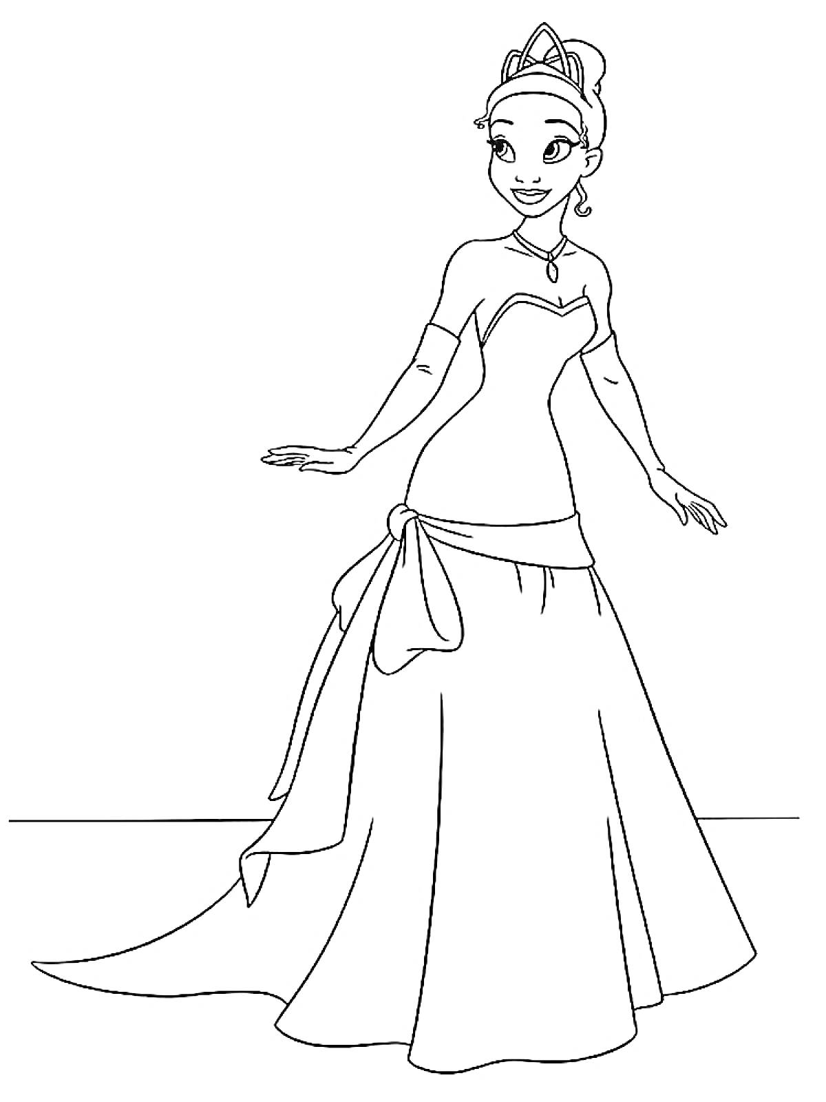 Раскраска Принцесса в длинном платье с бантом, тиарой на голове и ожерельем на шее