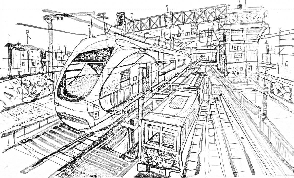 Раскраска Вокзал с пассажирским и грузовым поездами на путях, мостом над железнодорожными путями, вокзальным зданием и задним планом с городской архитектурой.