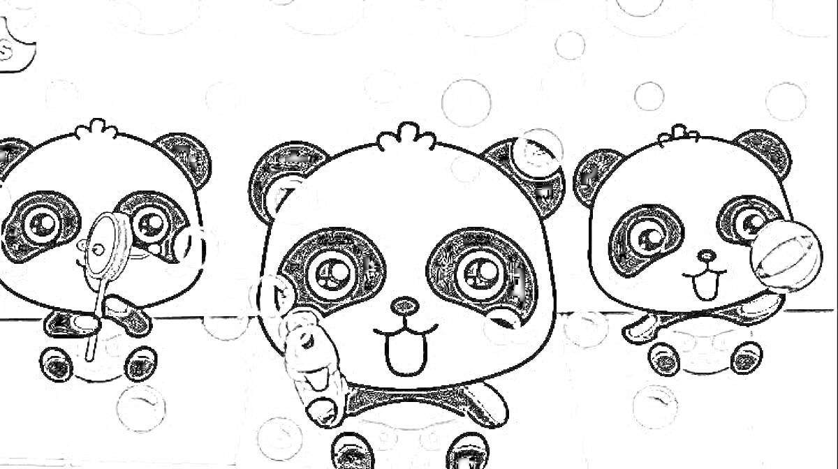 На раскраске изображено: Панды, Мыльные пузыри