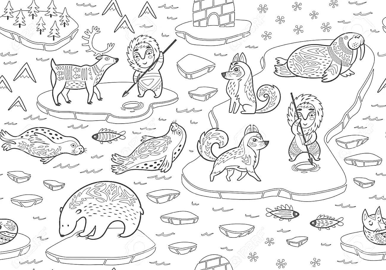 На раскраске изображено: Арктика, Олень, Эскимос, Рыба, Иглу, Тюлень, Песец, Белый медведь, Деревья, Айсберги