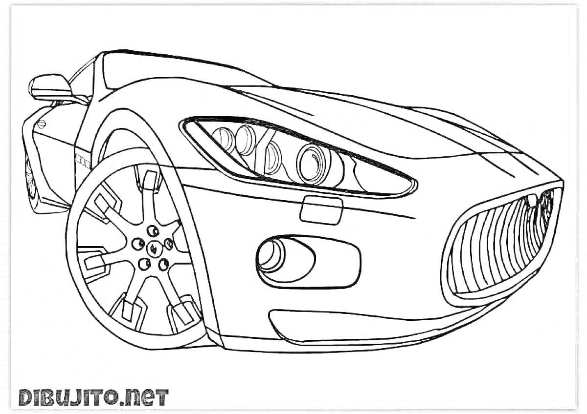 Раскраска Раскраска автомобиля спереди, спортивная машина Bugatti Chiron, фары, решетка радиатора, колеса, дверное зеркало, капот, кузов