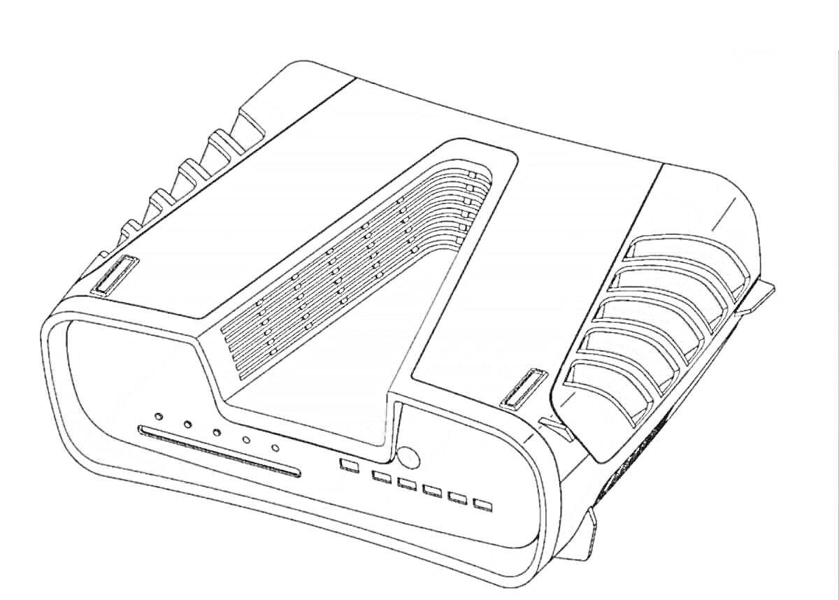 Раскраска Раскраска с изображением игровой консоли Sony PlayStation 5 в дизайн-корпусе. Изображены вентиляционные отверстия, панели и кнопки на передней стороне устройства.