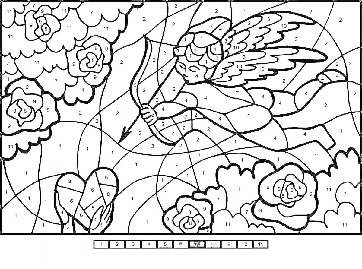 Раскраска Амур с луком, сердце, цветы