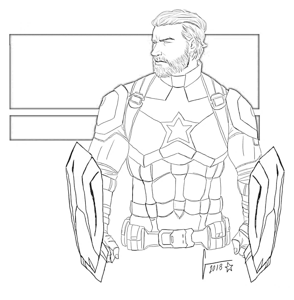 Раскраска Супергерой с двумя щитами и бородой