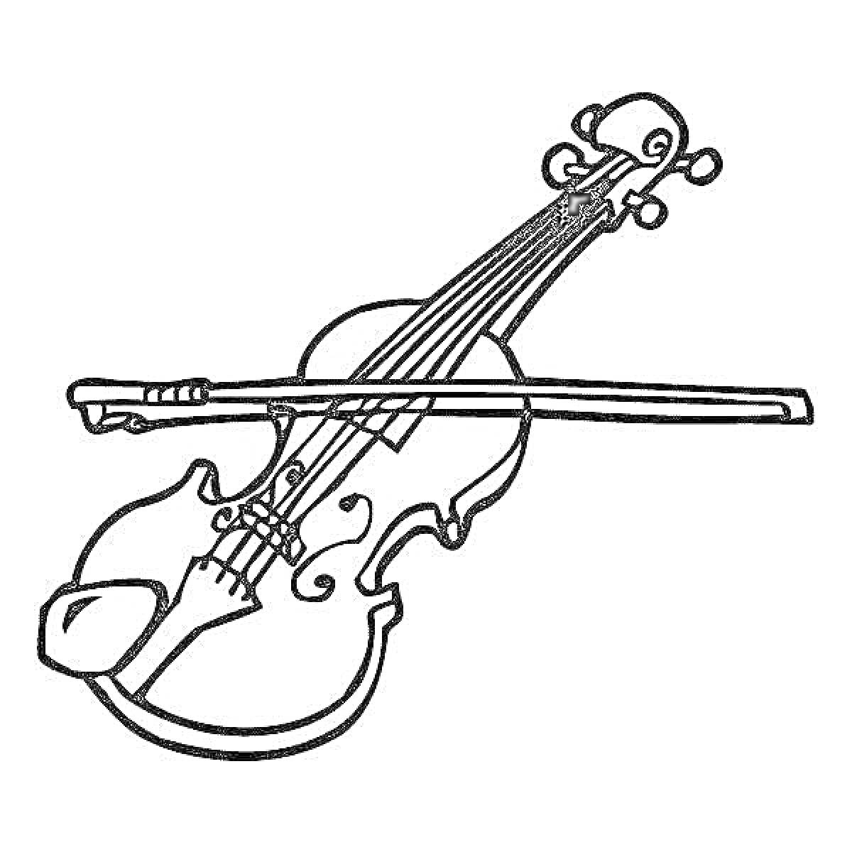 На раскраске изображено: Скрипка, Смычок, Музыкальный инструмент, Струнный инструмент, Ноты, Музыка