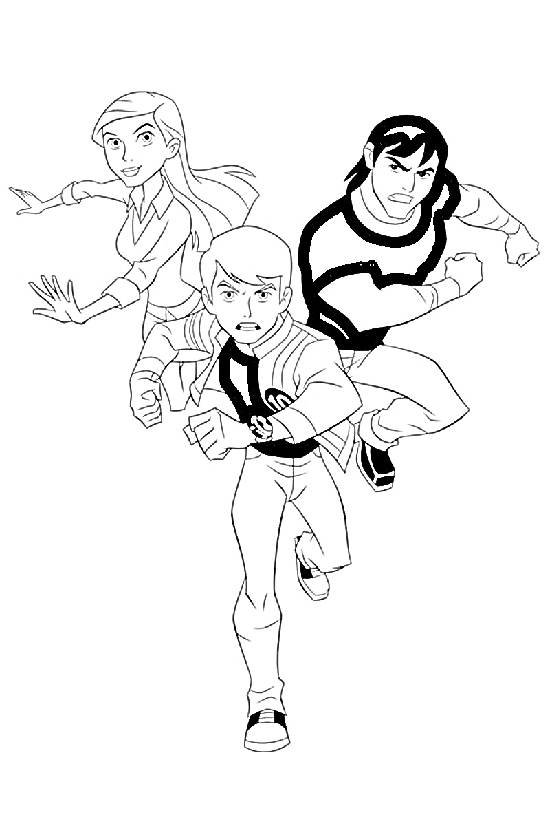 Раскраска Три персонажа Бен 10 бегут в боевых позах