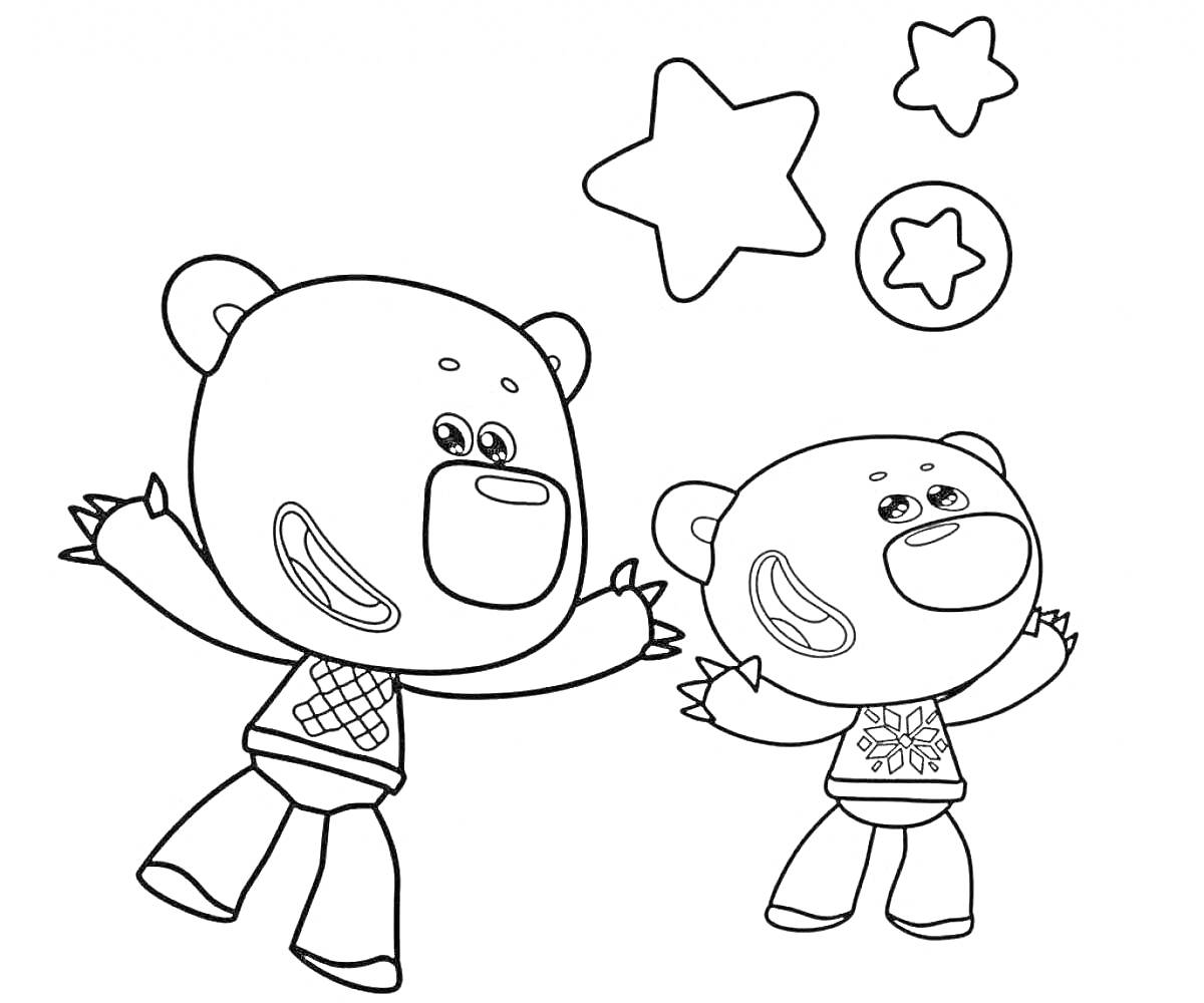 Раскраска Два медвежонка в свитерах, звезды и круг с узором звезды
