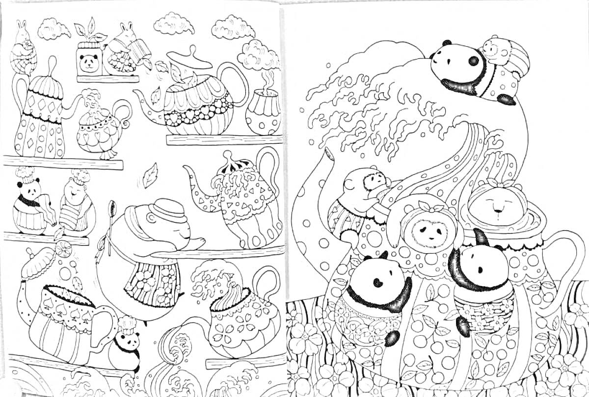 На раскраске изображено: Панды, Чайники, Узоры, Облака, Чайные чашки, Цветы, Лулу Майо, Точки