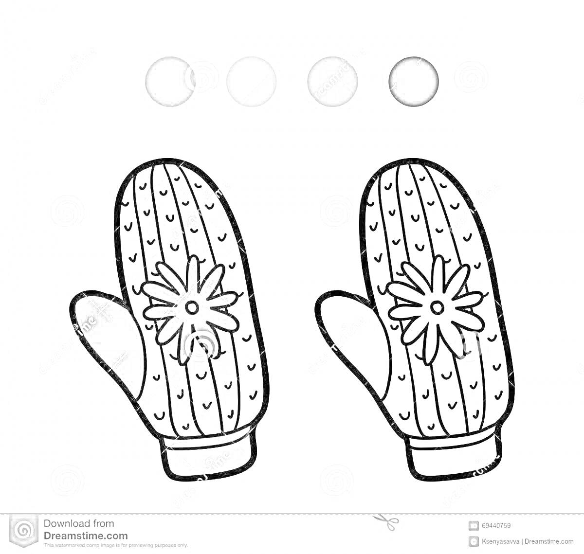 Раскраска Варежки на резинке с узором снежинки и палитрой цветов