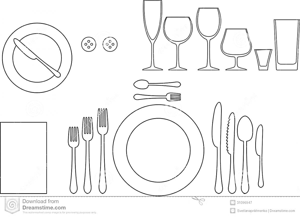 На раскраске изображено: Сервировка стола, Тарелка, Вилки, Стакан, Посуда, Накрытый стол