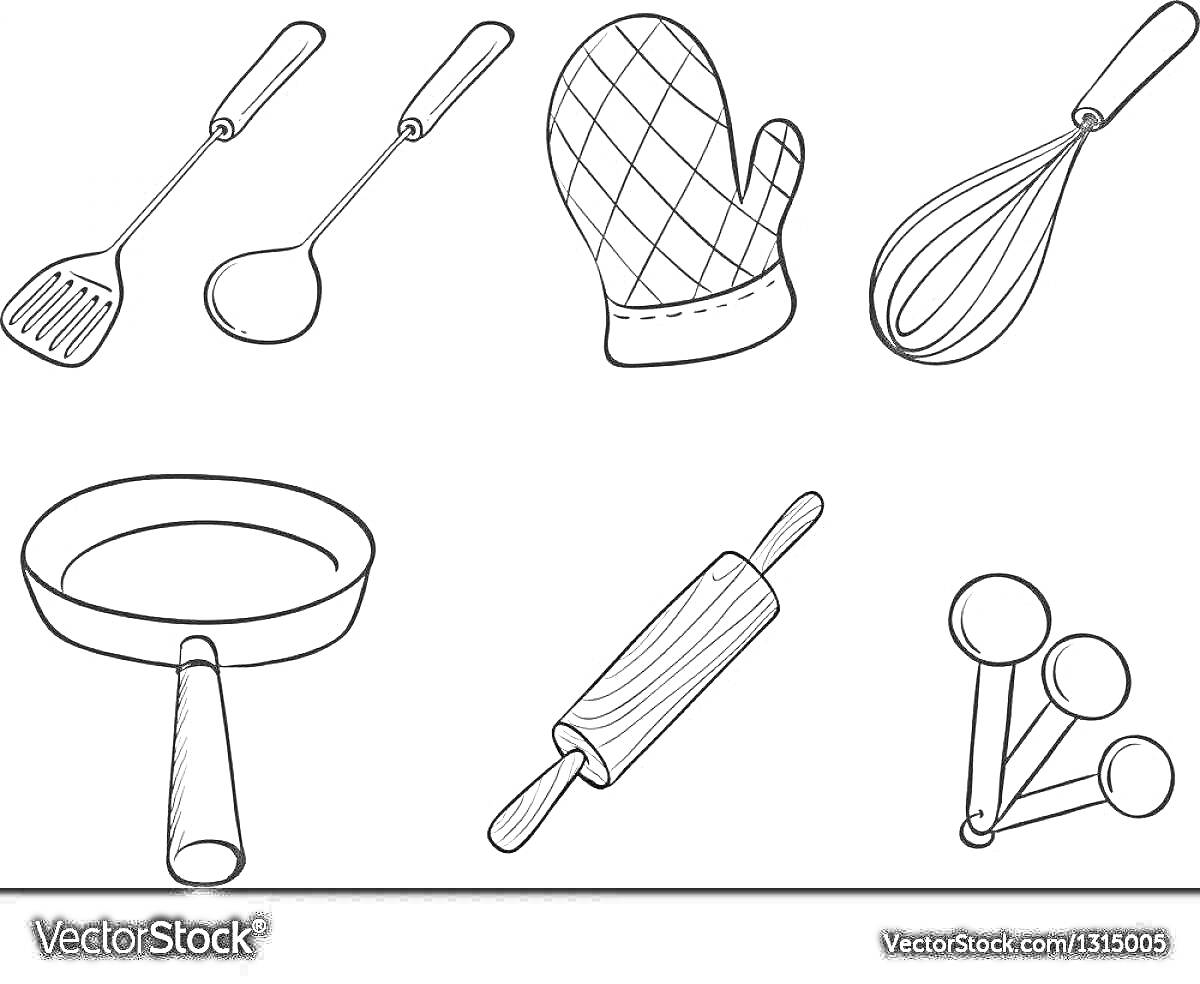 На раскраске изображено: Поварешка, Прихватка, Венчик, Сковорода, Скалка, Кухня, Кухонные принадлежности