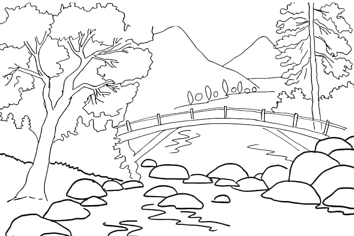 На раскраске изображено: Природа, Мост, Река, Горы, Деревья, Камни, Лес, Живопись, Пейзаж