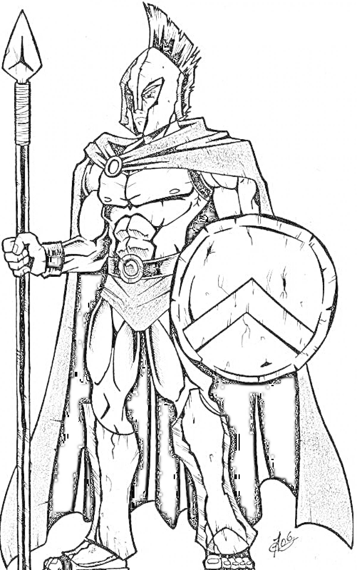 Раскраска Спартанец с копьем и щитом, в плаще и шлеме
