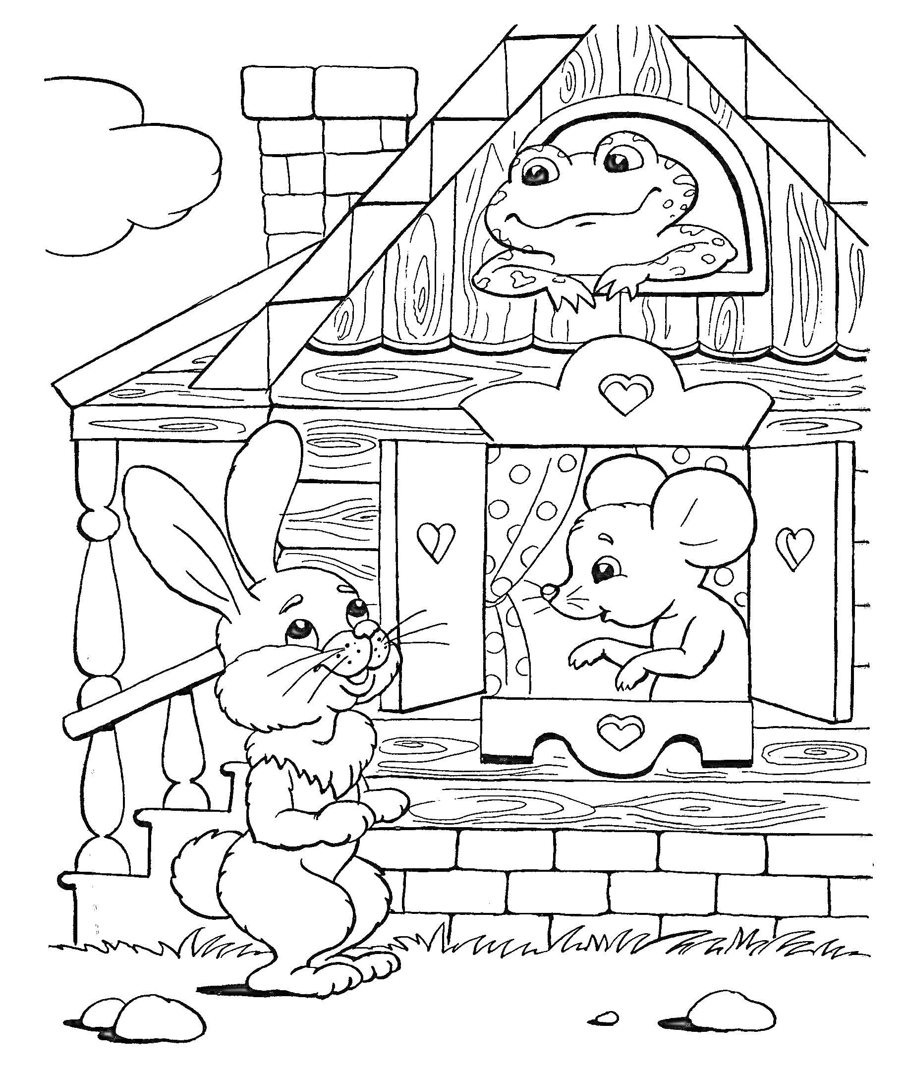 Раскраска Теремок с лягушкой, мышкой и зайцем