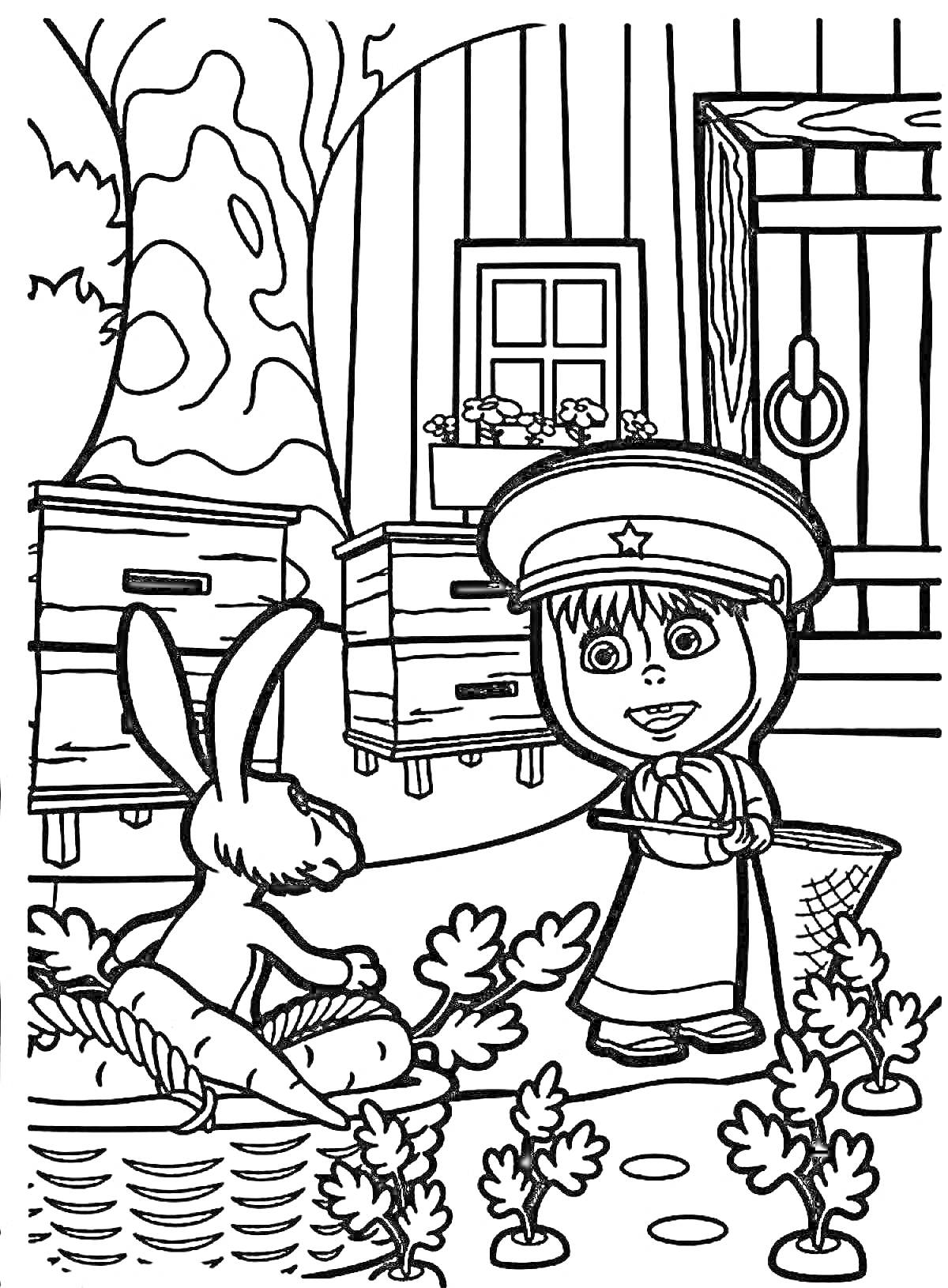 Маша в костюме пограничника с корзинкой, заяц рядом с корзиной, деревянный дом с окном и цветами, пчелиные ульи, дерево на фоне