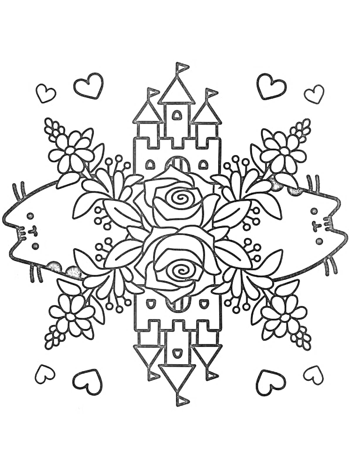 На раскраске изображено: Цветы, Замок, Кот, Кот Леопольд, Милые, Сердца, Узоры