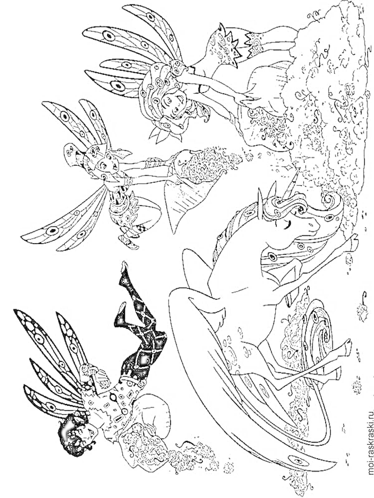 Раскраска Феи и единорог, разбрасывающие цветы