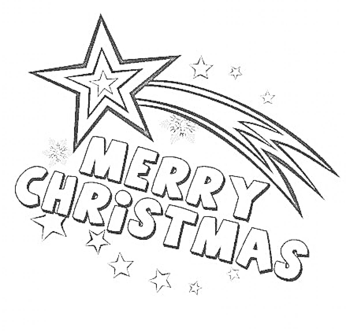 На раскраске изображено: Рождество, Надпись, Merry Christmas, Снежинки, Маленькие звезды, Звезды