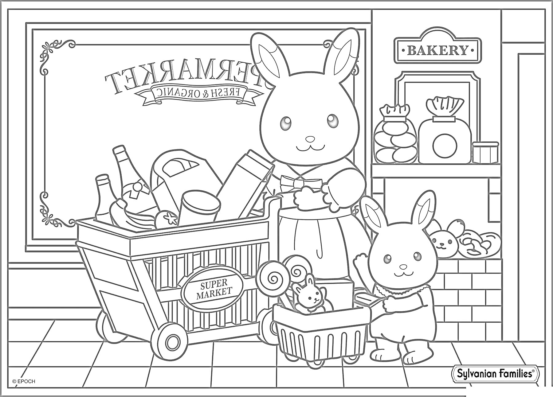 Раскраска два кролика с тележкой и корзиной у супермаркета, пекарня на заднем плане, фрукты, хлеб, бутылки, ящик, корзина
