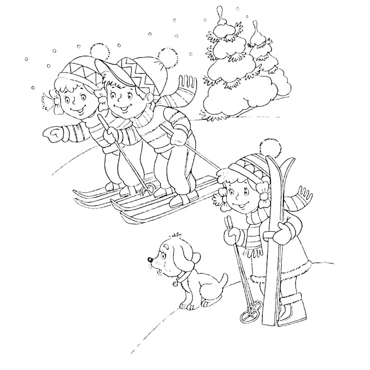 Раскраска Дети на лыжах и собака на фоне заснеженной ёлки