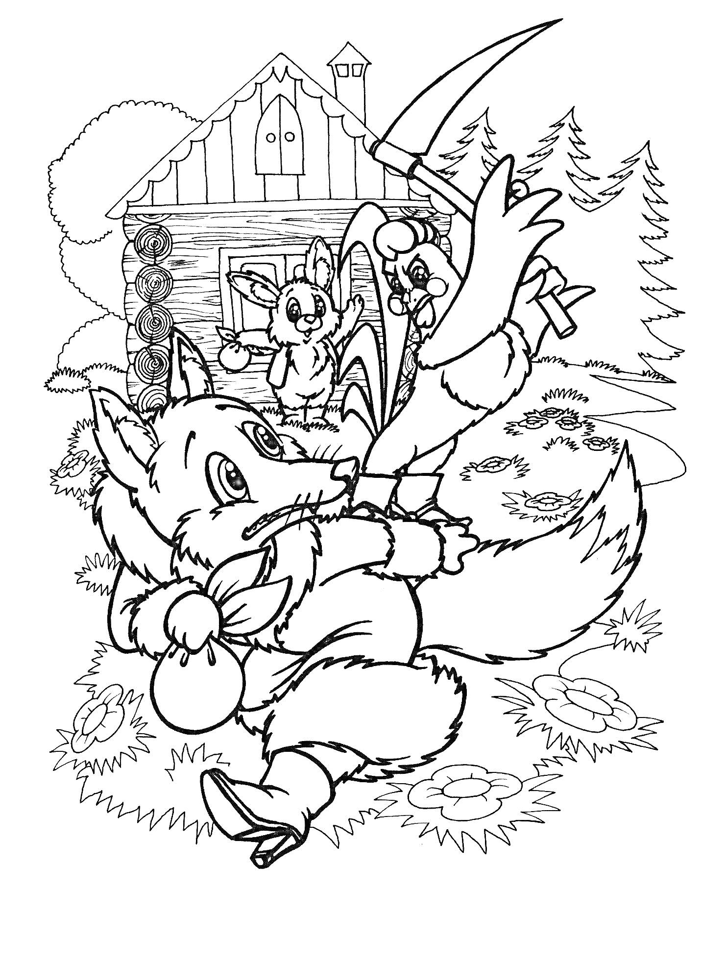 Раскраска Лиса с волком и петухом на фоне лесной избушки