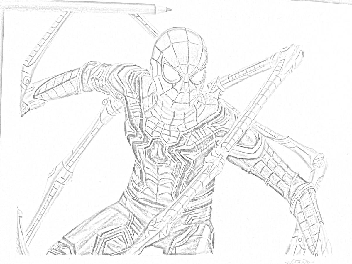 На раскраске изображено: Человек-паук, Клешни, Комиксы, Костюм, Паутина, Комикс персонаж