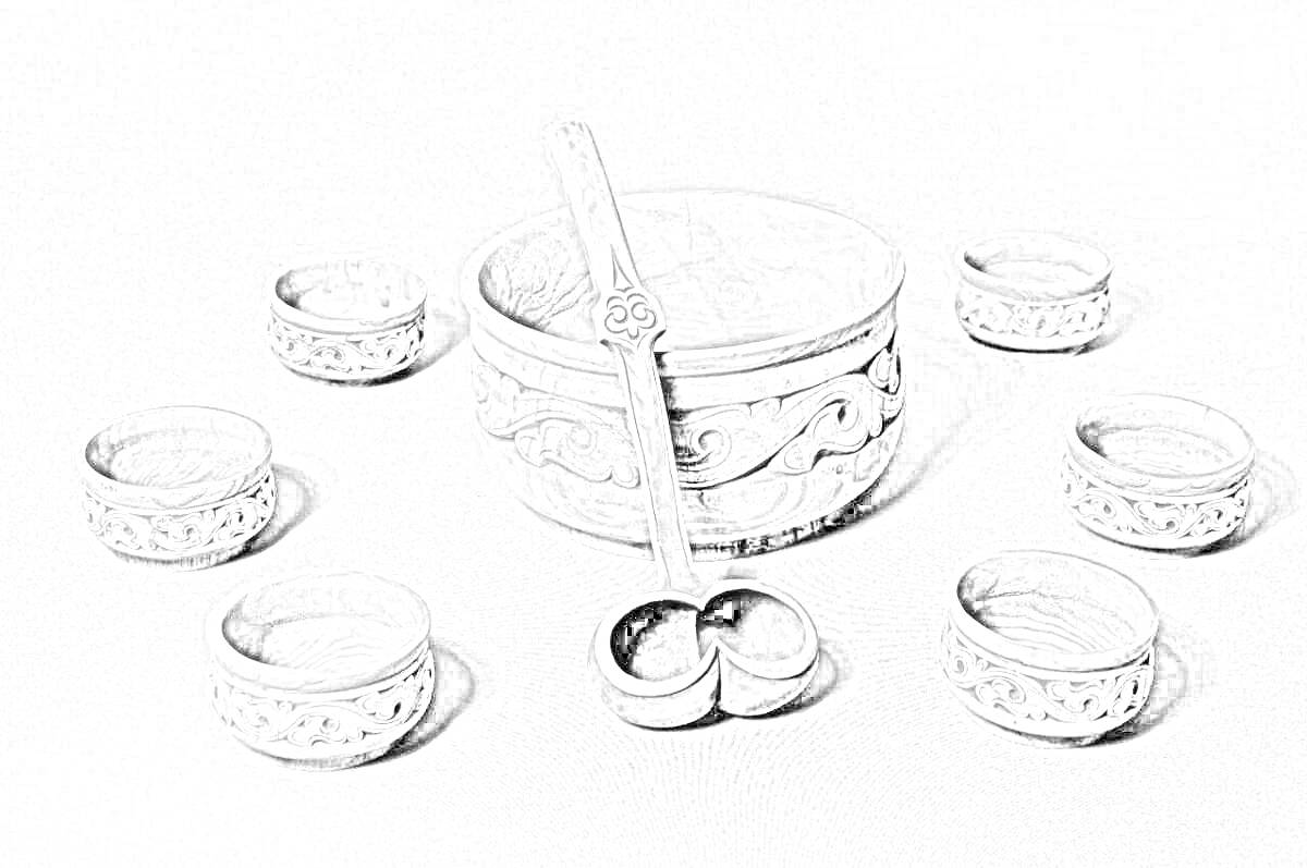 Раскраска Крупная национальная миска с узорами и ложкой, окружённая семью малыми мисками с орнаментом