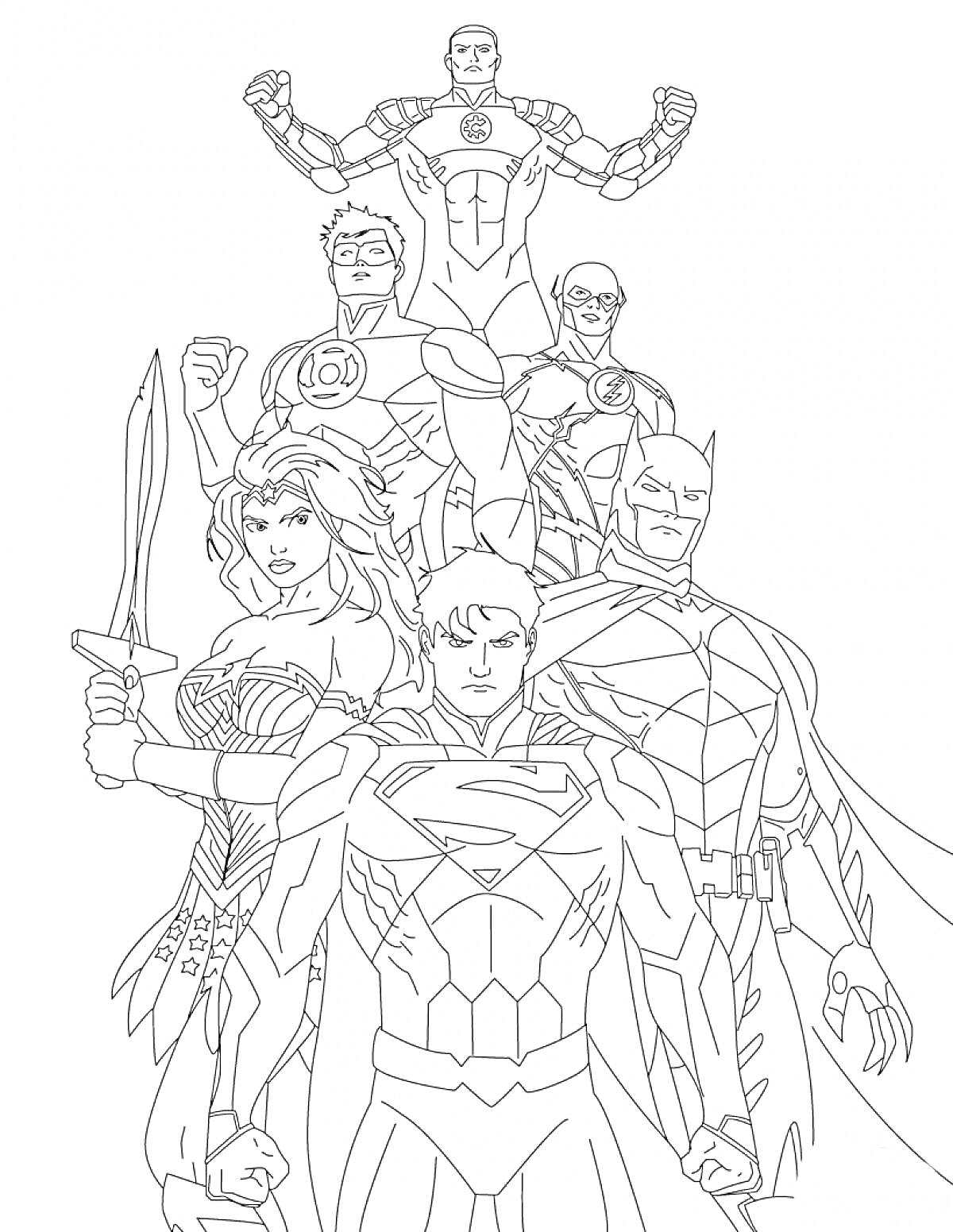 На раскраске изображено: Лига Справедливости, Супермен, Бэтмен, Чудо-женщина, Зелёный Фонарь, Флэш, Киборг, Супергерои, Комиксы