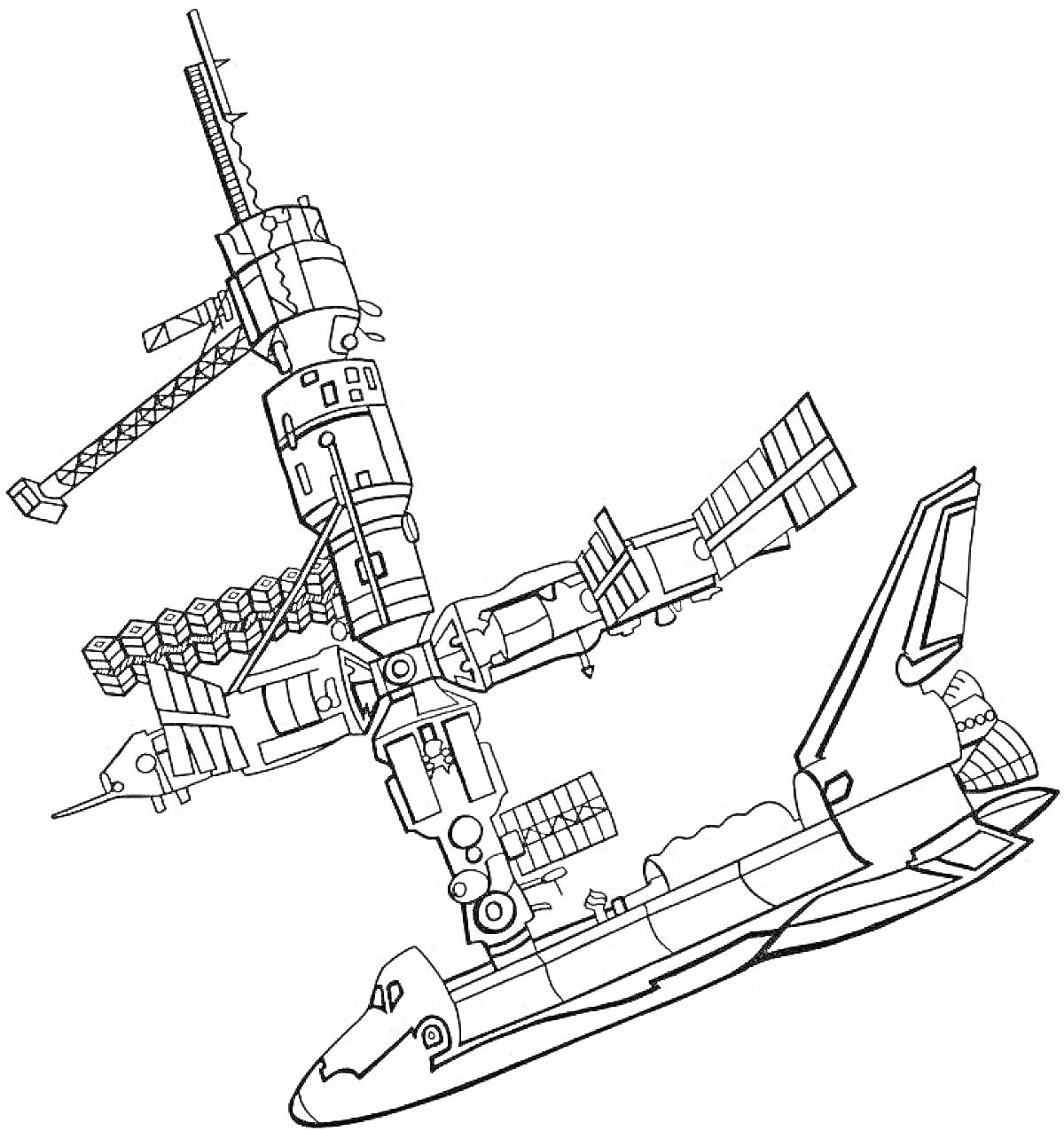 На раскраске изображено: Космическая станция, МКС, Шаттл, Солнечные панели, Модули, Космос, Ракета, Астрономия