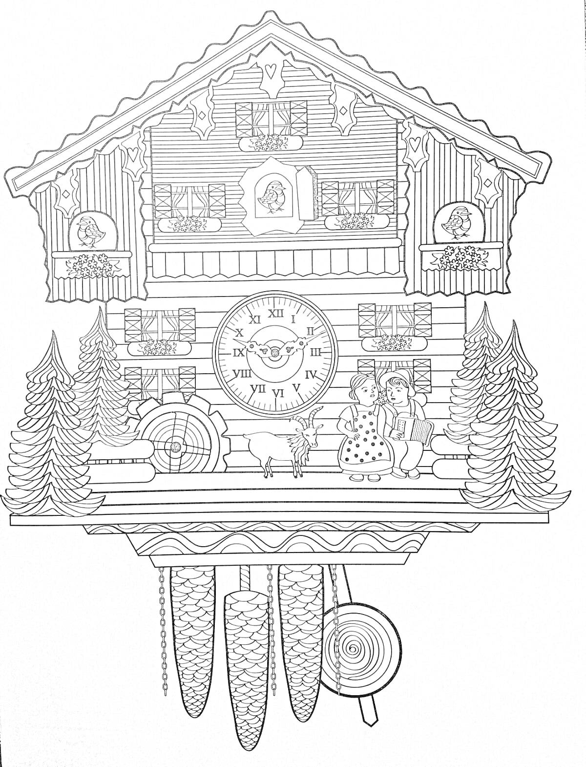 Раскраска часы с кукушкой в виде домика с часами, деревьями, фонтаном, овечкой, мальчиком и девочкой