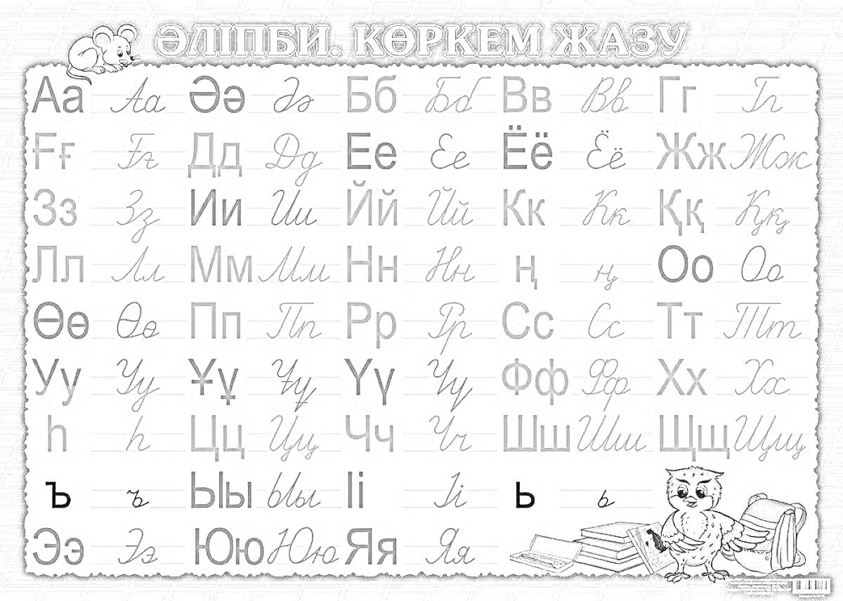 На раскраске изображено: Әріптер, Қазақ тілі, Алфавит, Оқу, Балабақша, Мектеп