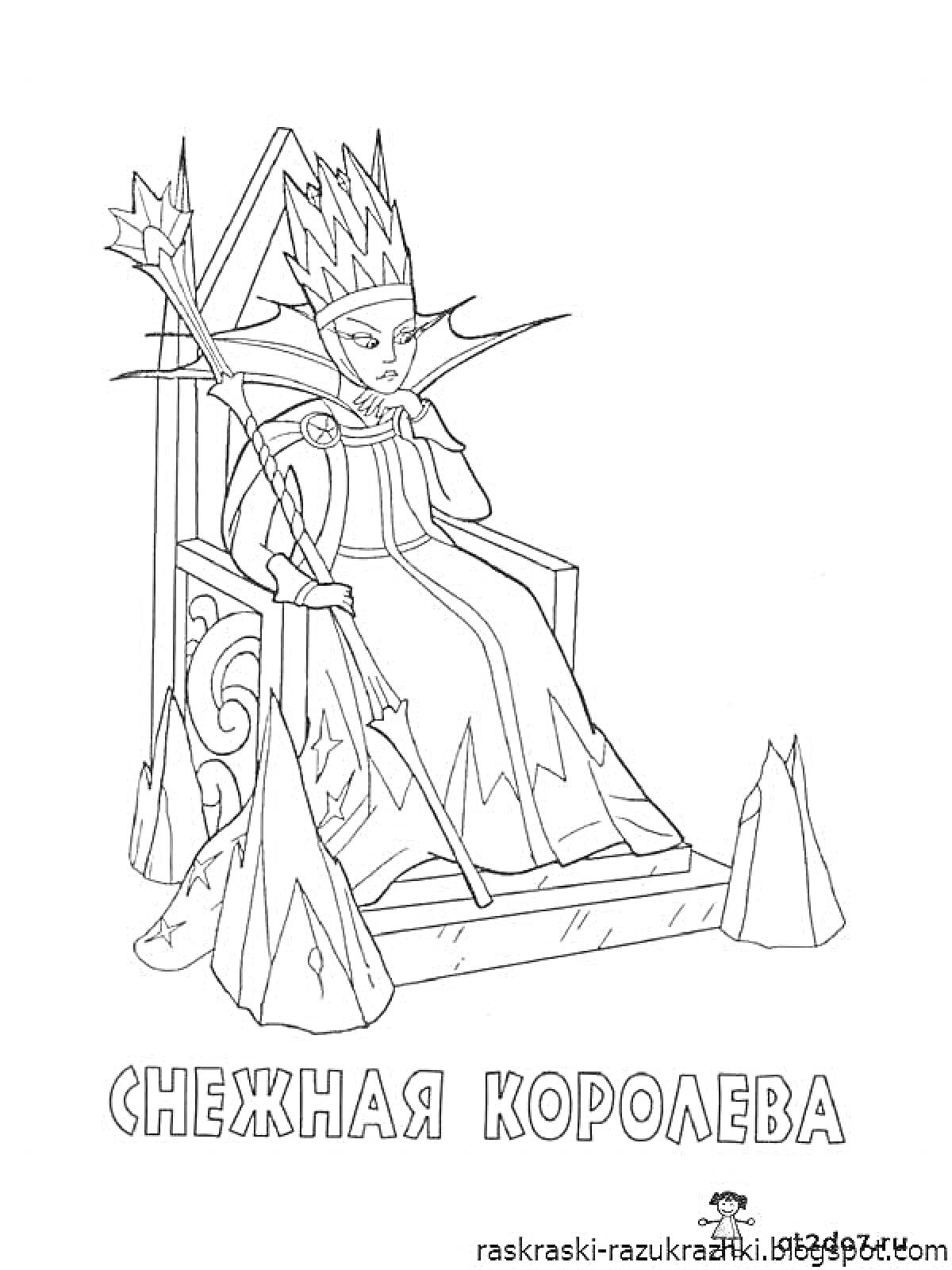 На раскраске изображено: Снежная королева, Трон, Корона, Снег, Зимняя сказка