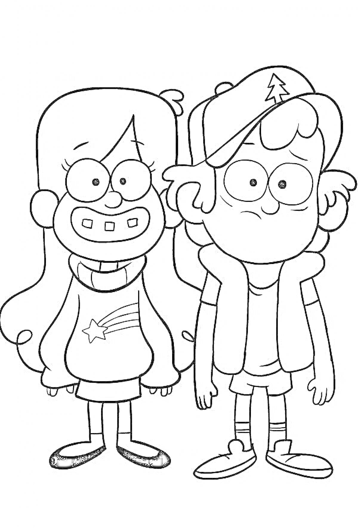 РаскраскаДвое персонажей: мальчик и девочка с длинными волосами и очками, мальчик в кепке с елочкой