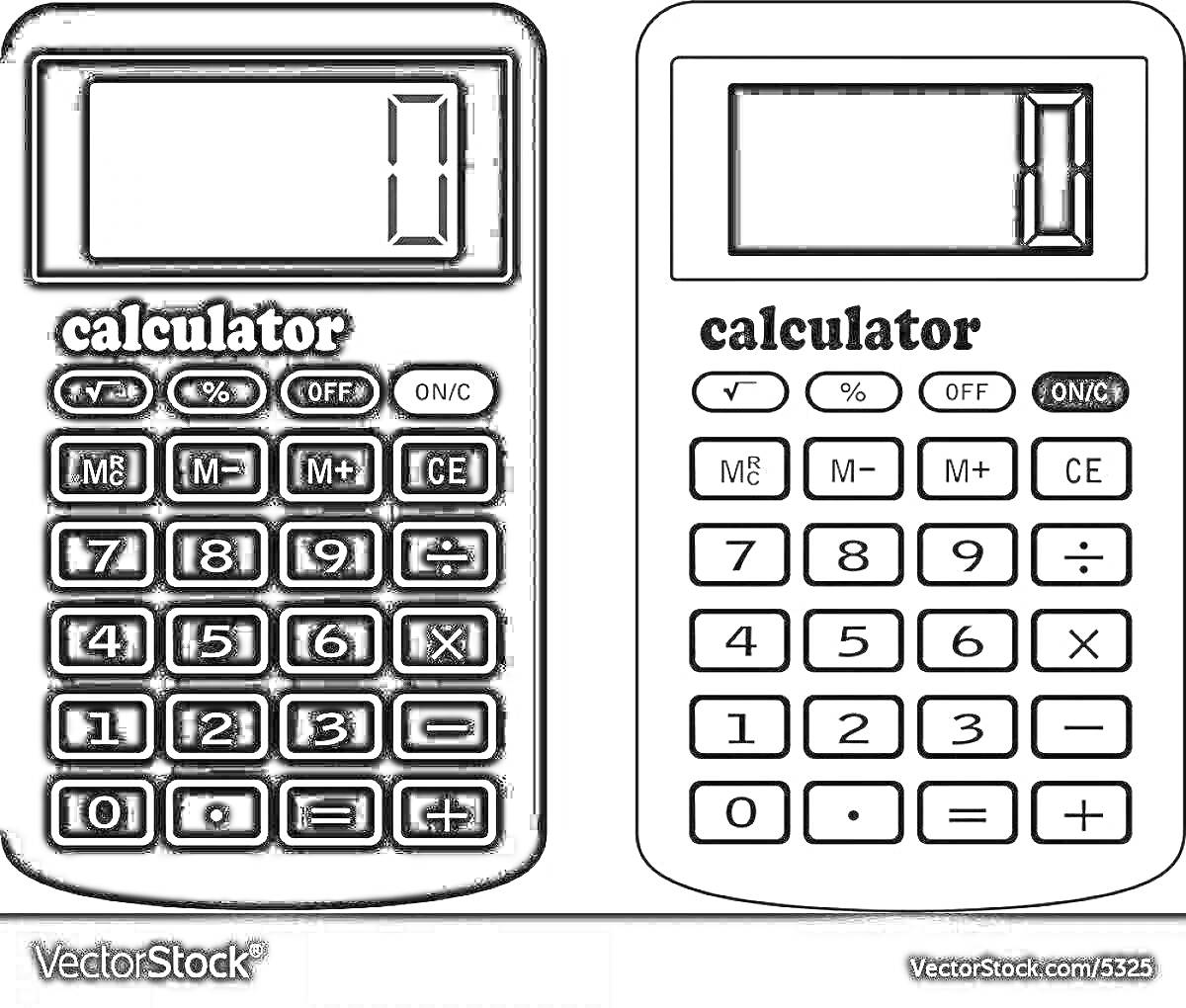 Раскраска Раскраска с двумя калькуляторами с кнопками и дисплеем, один черный, другой белый