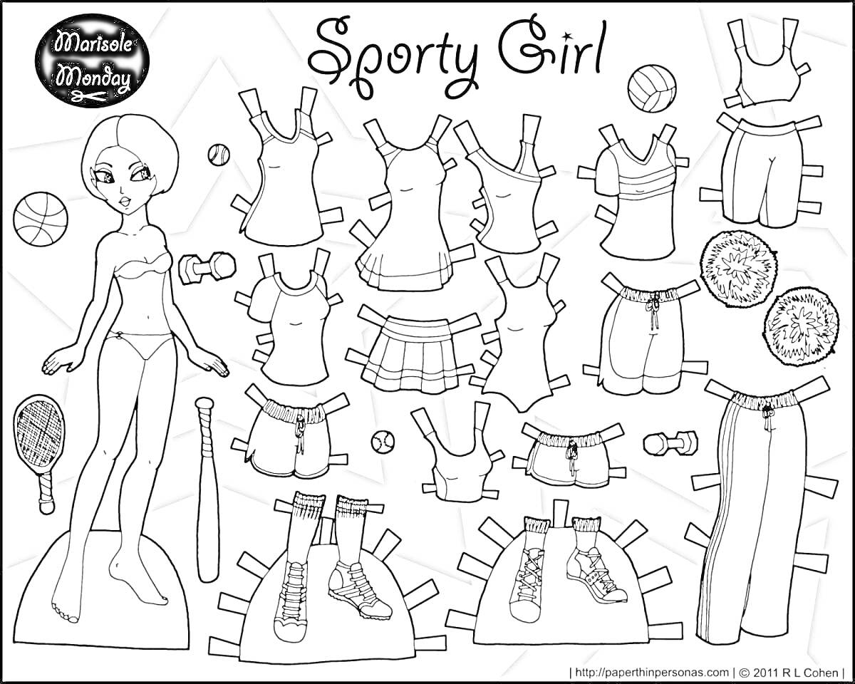 Раскраска Спортивная девочка в комплекте с одеждой (шесть топов, две юбки, двое штанов), двумя парами кроссовок, спортивным инвентарем (три мяча, две теннисные ракетки, два набора гантелей)