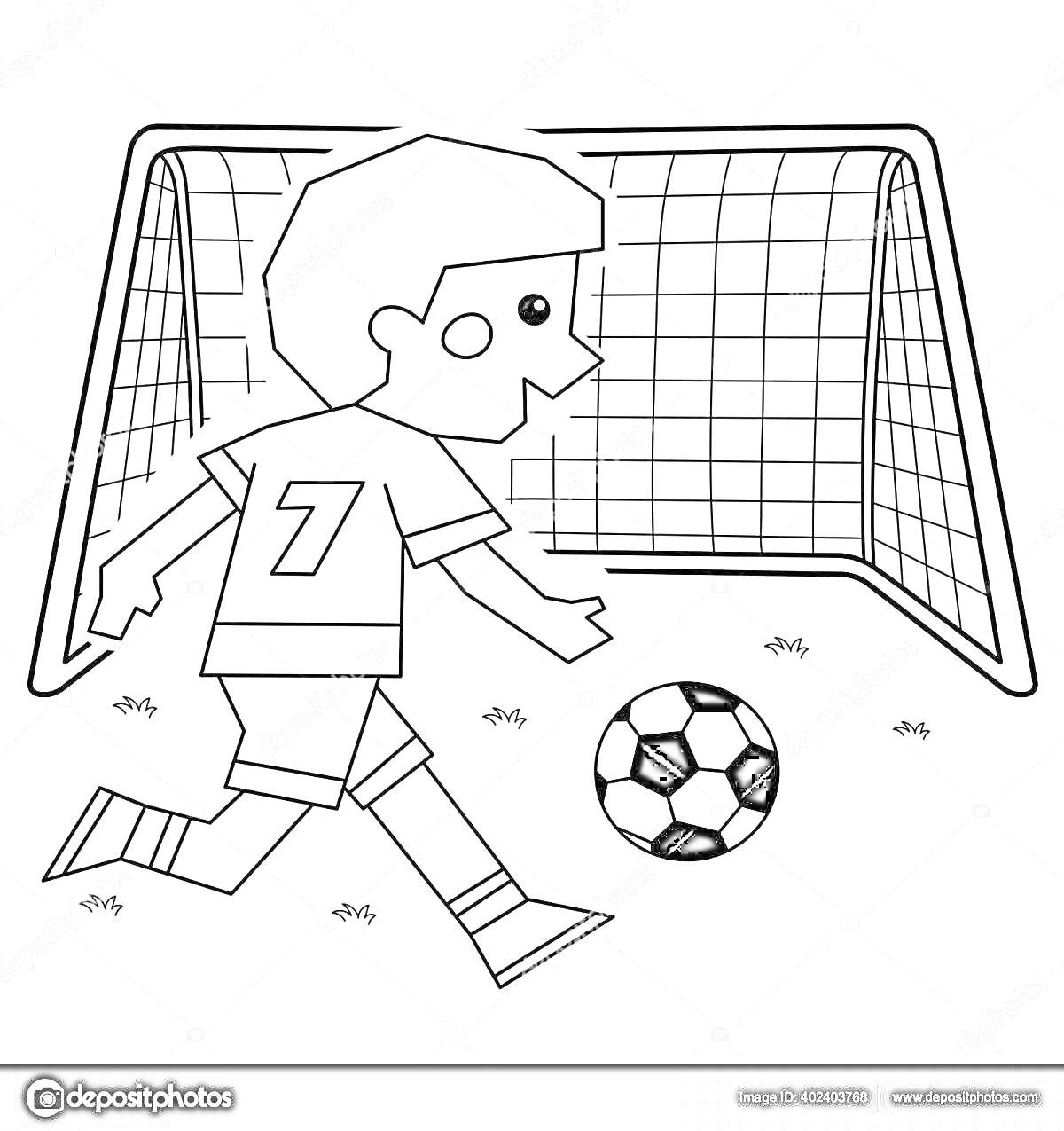 На раскраске изображено: Футбол, Мальчик, Ворота, Спорт, Игра