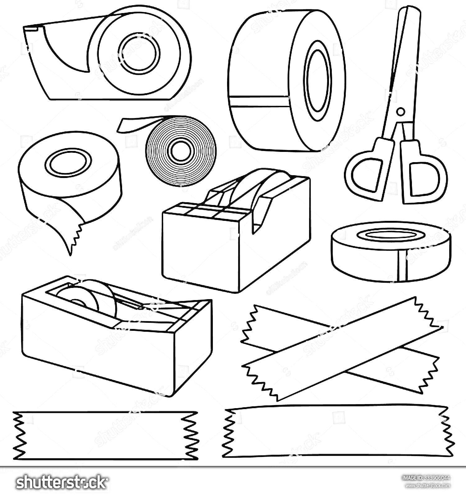 На раскраске изображено: Скотч, Диспенсер, Рулон, Ножницы, Клейкая лента, Упаковка, Канцтовары