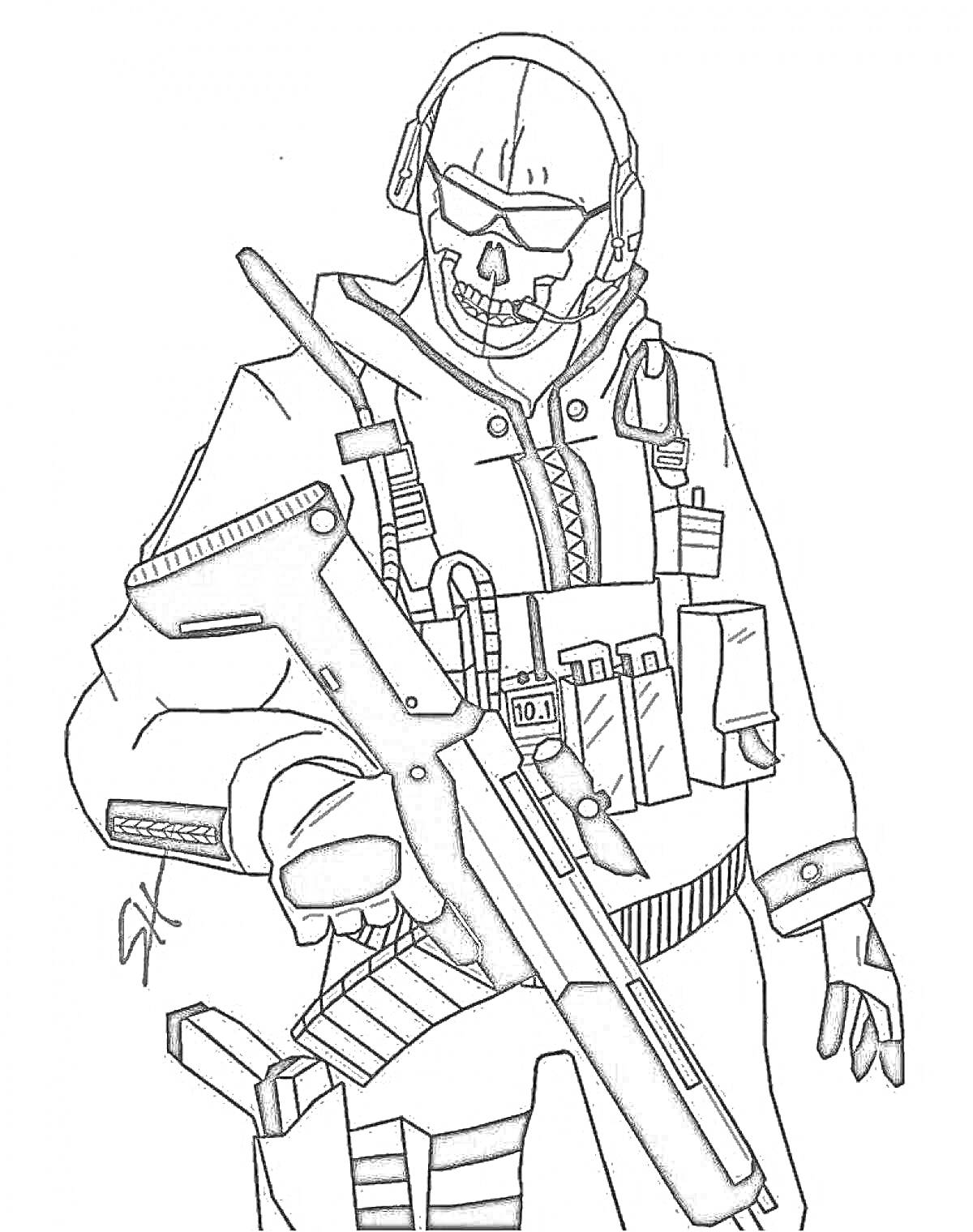 Раскраска Солдат в боевом снаряжении с винтовкой, черепной маской и очками