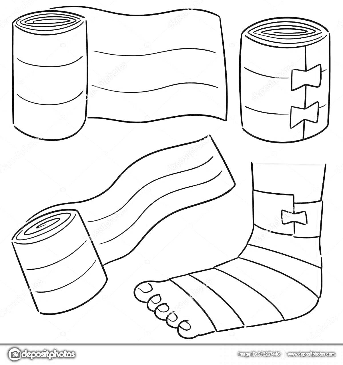 Раскраска бинт, бинт в развернутом состоянии, бинт со скобами, бинт на ноге