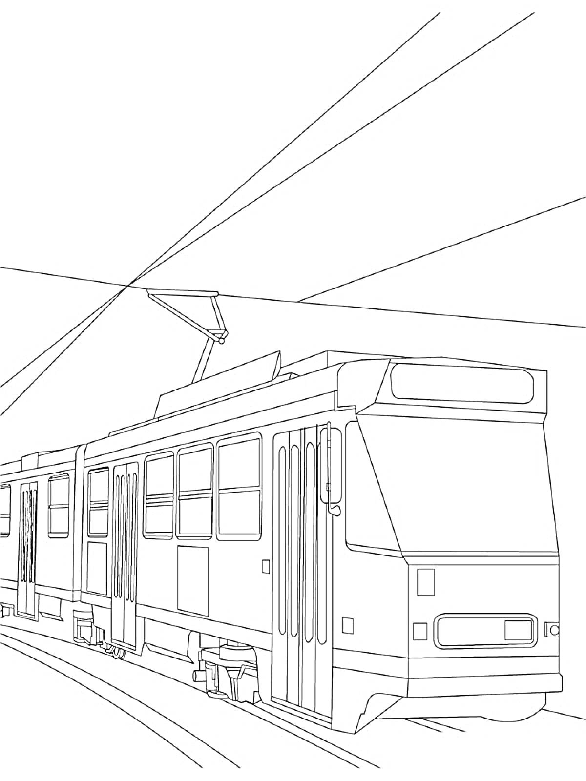 На раскраске изображено: Трамвай, Рельсы, Городской транспорт, Линии, Окна, Дверь