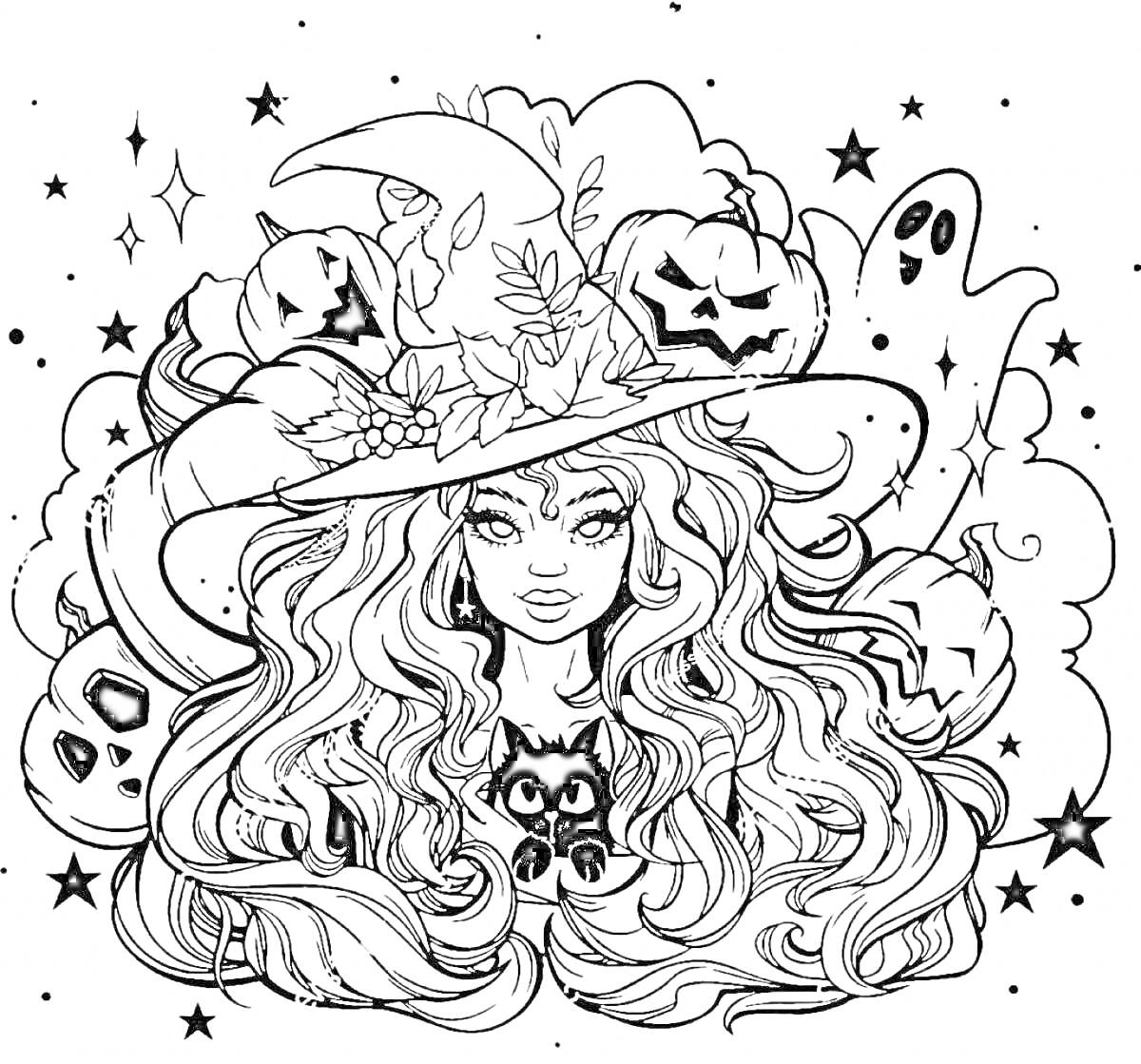 На раскраске изображено: Ведьма, Длинные волосы, Шляпа, Привидения, Звезды, Хэллоуин, Магия, Мистический